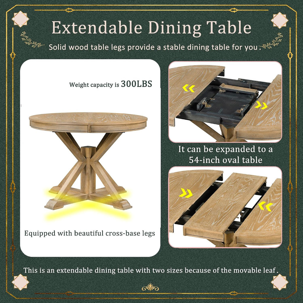LUMISOL Round Dining Table Set for 4, Farmhouse Kitchen Table Set with Extendable Round Dining Table & 4 Upholstered Chairs, 5-Piece Solid Wood Table and Chairs Set for Dining Room, Natural