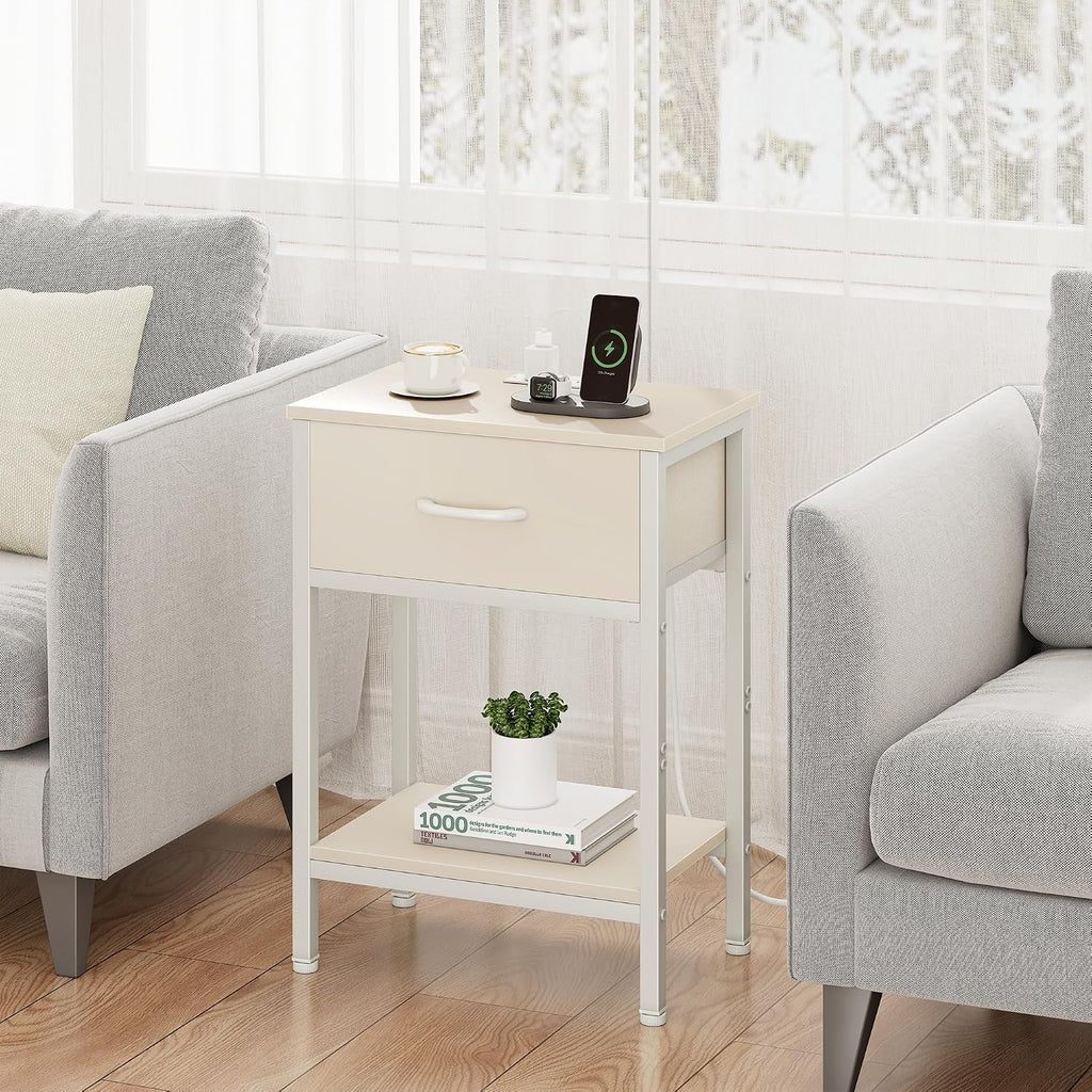 Vagusicc Nightstand with Charging Station, End Table with Fabric Drawer, Small Side Table with 2-Tier Storage Shelves, 25.4" Tall Night Stand, Bedside Table for Bedroom, Living Room, Dorm, Beige