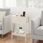 Vagusicc Nightstand with Charging Station, End Table with Fabric Drawer, Small Side Table with 2-Tier Storage Shelves, 25.4" Tall Night Stand, Bedside Table for Bedroom, Living Room, Dorm, Beige