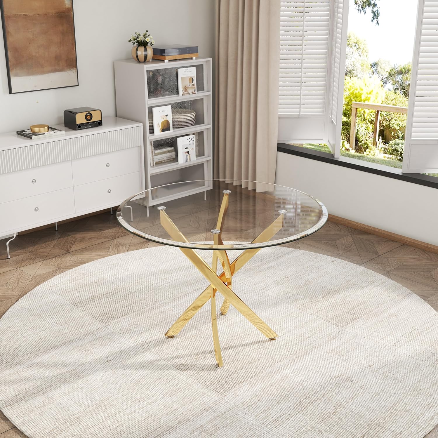 AF ARTISAN FURNITURE 5 Piece Round Glass Dining Table Set, Gold Glass Kitchen Table Set for 4 Modern Table Set with 4 Grey PU Upholstered Dining Chairs, for Small Space, Breakfast Nook