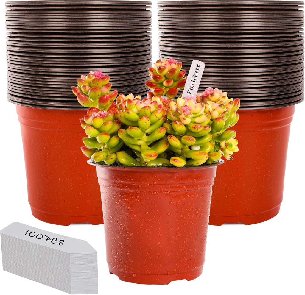 TDHDIKE 6 Inch Plastic Plant Nursery Pots (100pcs Pots and 100pcs Plant Labels) Seedling Flower Plant Container (Red) Seed Starting Pots Indoor/Outdoor