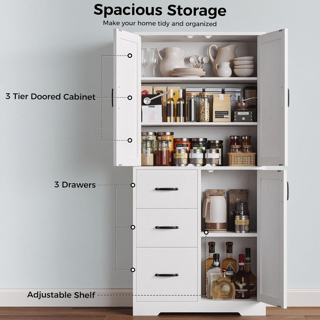 IRONCK Pantry Cabinet, Kitchen Storage Cabinet with 3 Door & Drawer, White | Adjustable Shelf. 67.5inch Tall. 5 Tier Freestanding. 150 lbs Per Shelf. Modern Style. FSC-certified Wood. Anti-tip.