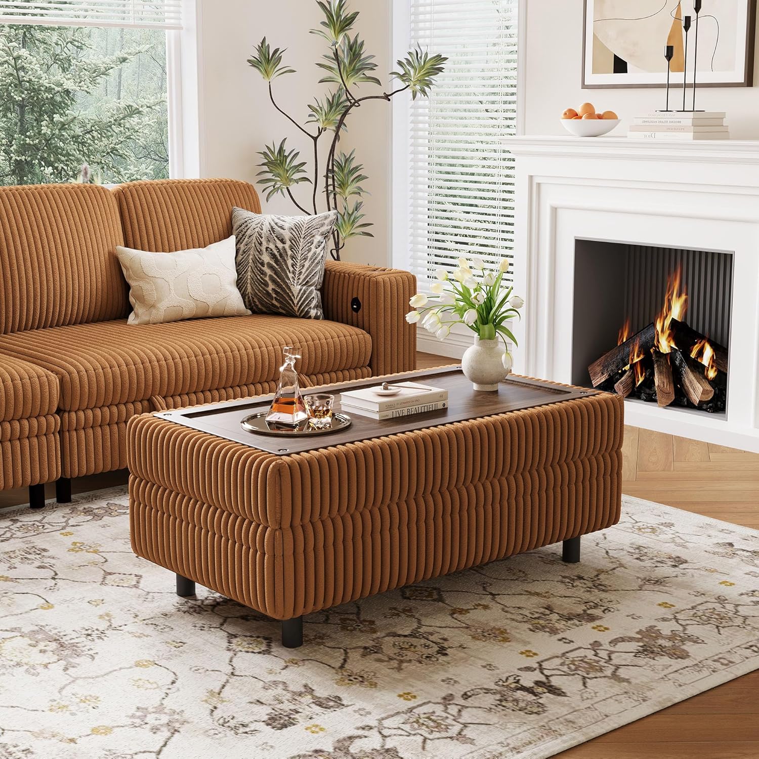LINSY HOME Sectional Sleeper Sofa Storage Ottoman Bench, Convertible Coffee Table Plush Corduroy Couch Ottoman Footstool for Living Room, Bedroom Entryway and Family Room, Brown