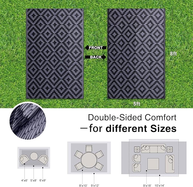 OLANLY Waterproof Outdoor Rug 5x8 ft, Outdoor Plastic Straw Rug for Camping, RV Mat Outside, Indoor Outdoor Carpet for Porch, Deck, Backyard, Balcony, Picnic, Black & Grey