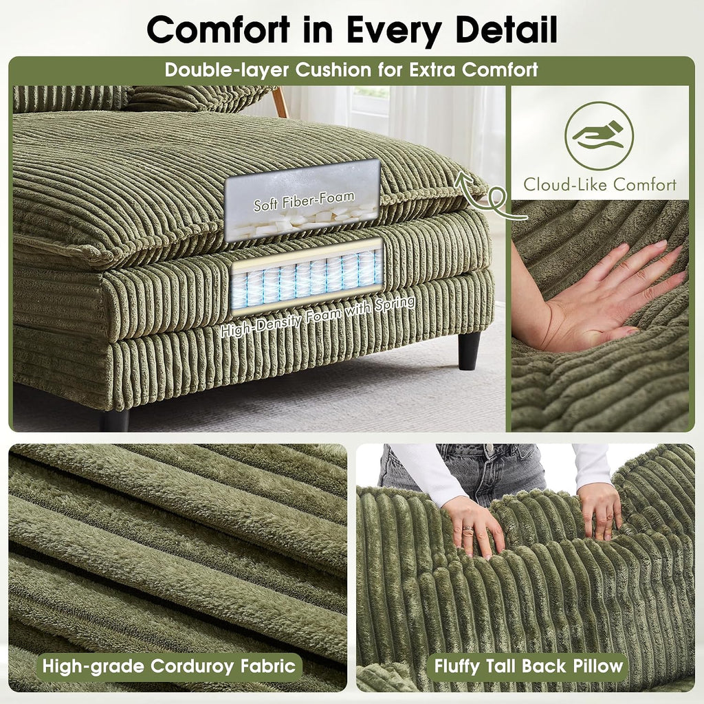WESTSETLUX 54.8" W Oversized Chaise Lounge Chair Indoor with 5-Position Adjustable Backrest, Corduroy Sleeper Sofa Bed with 3 Pillows, Modern Cloud Couch Chair for Living Room, Bedroom, Green