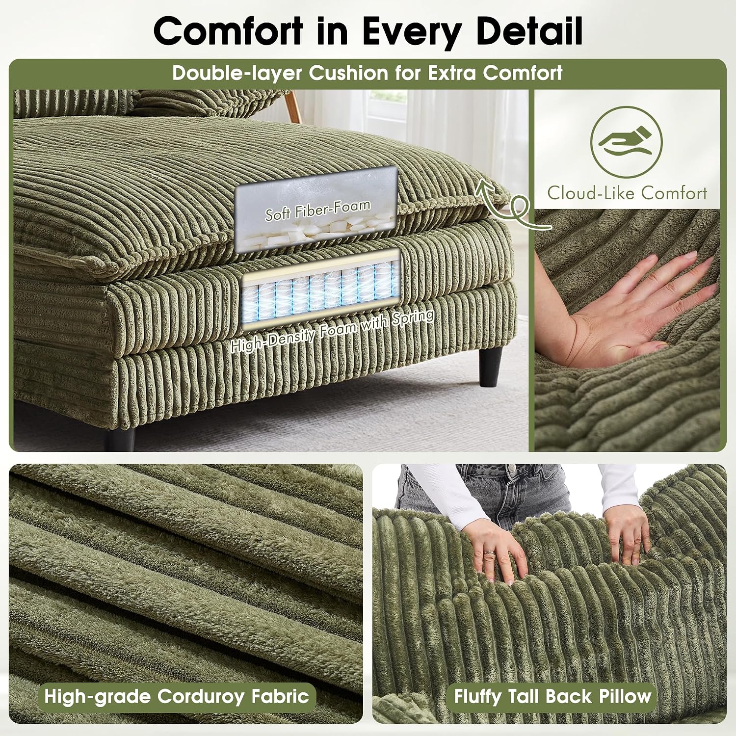 WESTSETLUX 54.8" W Oversized Chaise Lounge Chair Indoor with 5-Position Adjustable Backrest, Corduroy Sleeper Sofa Bed with 3 Pillows, Modern Cloud Couch Chair for Living Room, Bedroom, Green