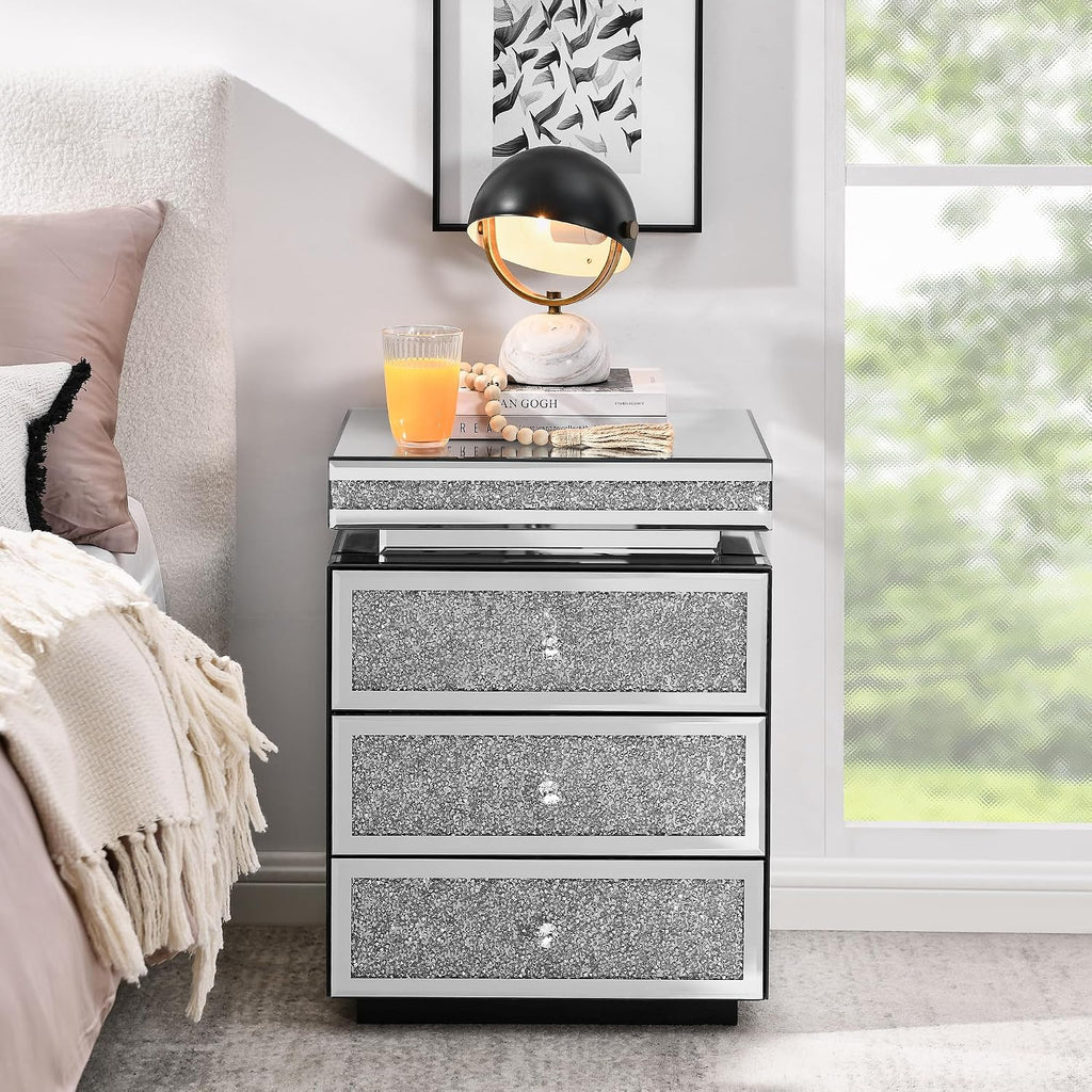 SSLine 3-Drawer Mirrored End Table,Mirrored Nightstand End Tables Bedside Table,Silver Finished Mirror Accent Side Table for Bedroom, Living Room, Entryway,Hallway