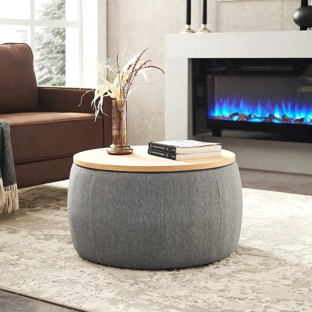 Round Ottoman, Ottoman with Storage, Coffee Table 2 in 1 Function, End Table for Living Room, Hallway, Bedroom (Dark Grey)
