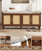 Akxomel Rattan Shoe Storage Bench with Cushion, 2-Tier Entryway Bench with Adjustable Shelves and 4 Doors, 15" D x 47.2" W x 20" H, Solid Wood Legs, for Hallway, Living Room, Bedroom, Walnut
