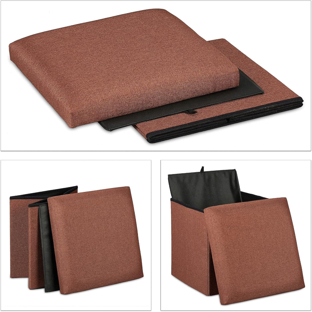 Relaxdays Stool with Storage Space, Foldable, Soft, Padded, Square, Fabric, Cube, HxWxD: 37 x 37.5 x 37.5 cm, Brown