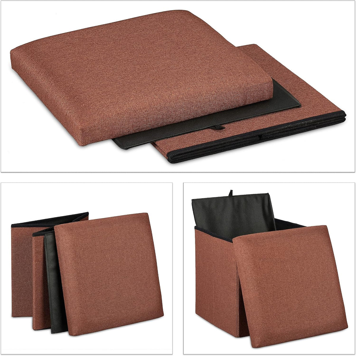 Relaxdays Stool with Storage Space, Foldable, Soft, Padded, Square, Fabric, Cube, HxWxD: 37 x 37.5 x 37.5 cm, Brown