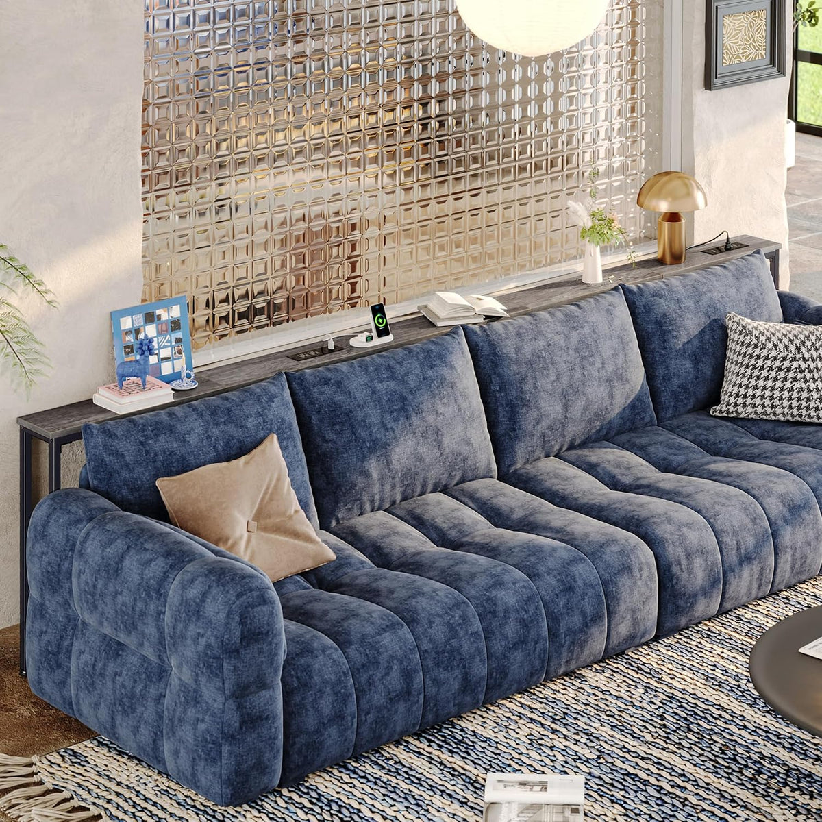 Huuger 110.2 Inch Behind Couch Table with 2 Power Outlets and USB-C Ports, Extra Long Narrow Sofa Table for Sectional Sofa, Skinny Console Table with Anti-Bump Pads, for Living Room, Grey