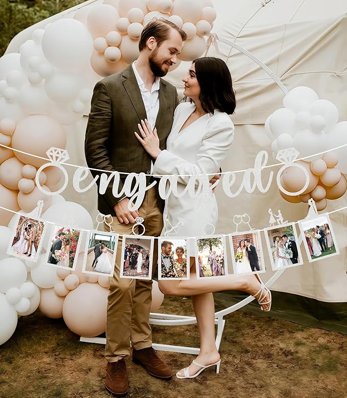 Pre-Strung Engaged Photo Banner - Silver Glitter Engagement Party Decoration Supplies with Romantic Memories Picture Card Frames for Bachelorette, Bridal Shower, Wedding Party Photo Booth Props