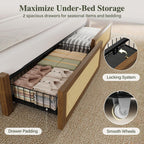 Belffin King Size Rattan Bed Frame with 2 Storage Drawers, Wood Bed, Brown