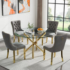 Round Glass Dining Table Set for 4, Small Kitchen Table Set for 4, 47" Circle Gold Glass Dinner Table for 4 with Grey Velvet Chairs, 5 Piece Dining Room Table Set for 4 for Breakfast Dinette Cafe