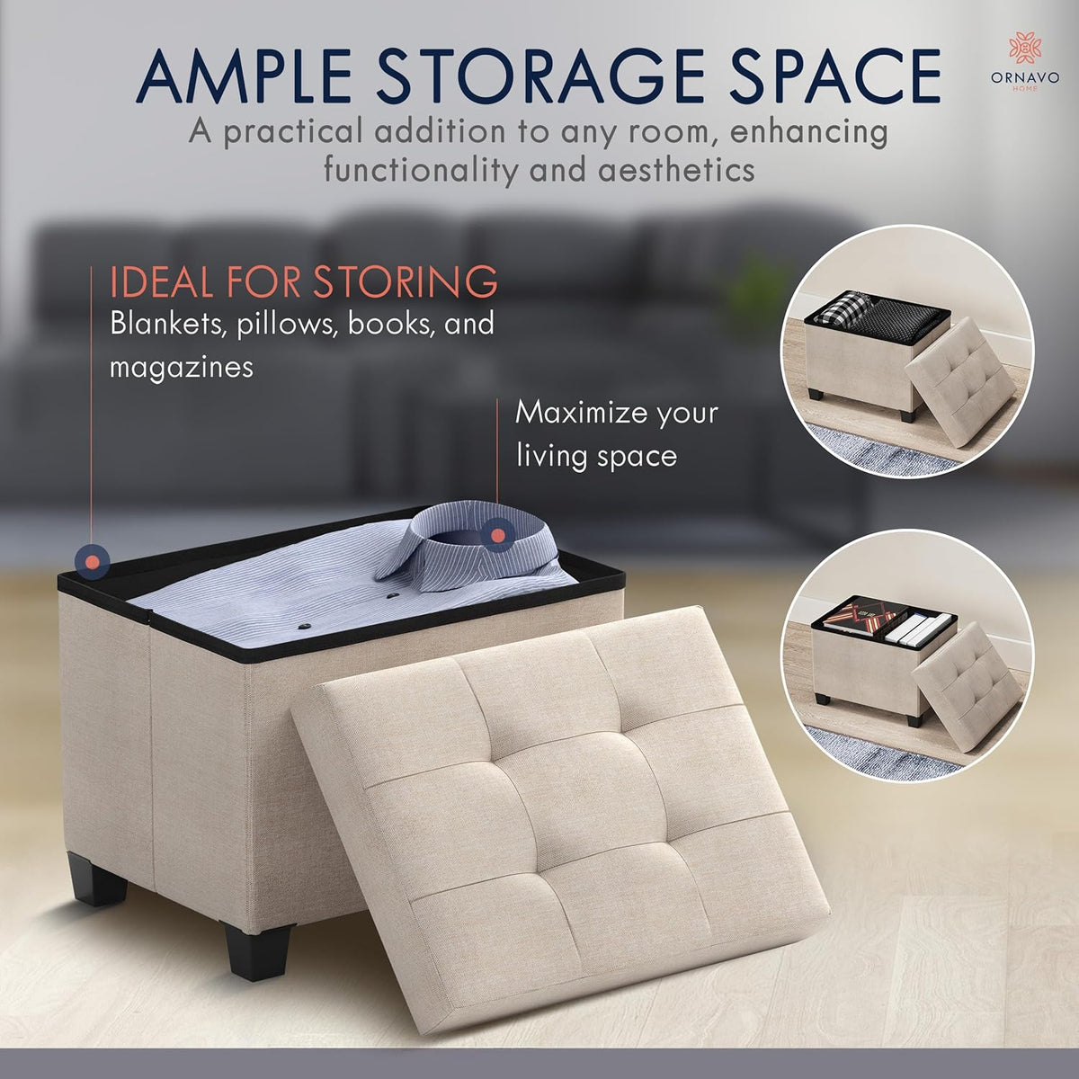 Ornavo Home Small Rectangle Storage Ottoman with Legs, 12x16x12, Beige | Foot Rest Stool Seat; Holds Up to 600 lbs; Ideal for Living Room, Bedroom, Home Office or Dorm
