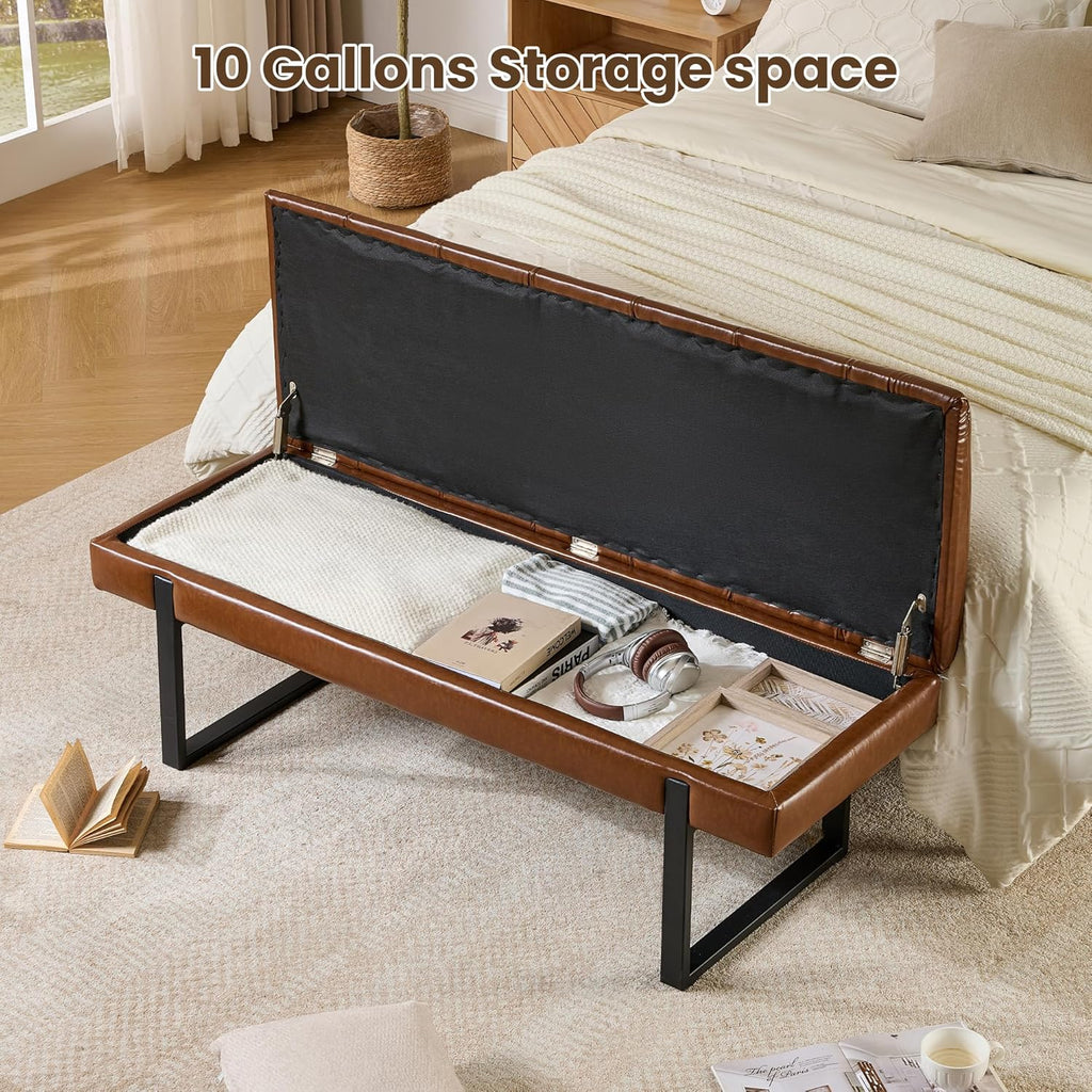 Breakfast Nook Bench with Hidden Storage, Premium Faux Leather Cushion & Metal Base, 53 Inch Extra Seating for Dining Room/Living Room, Entryway