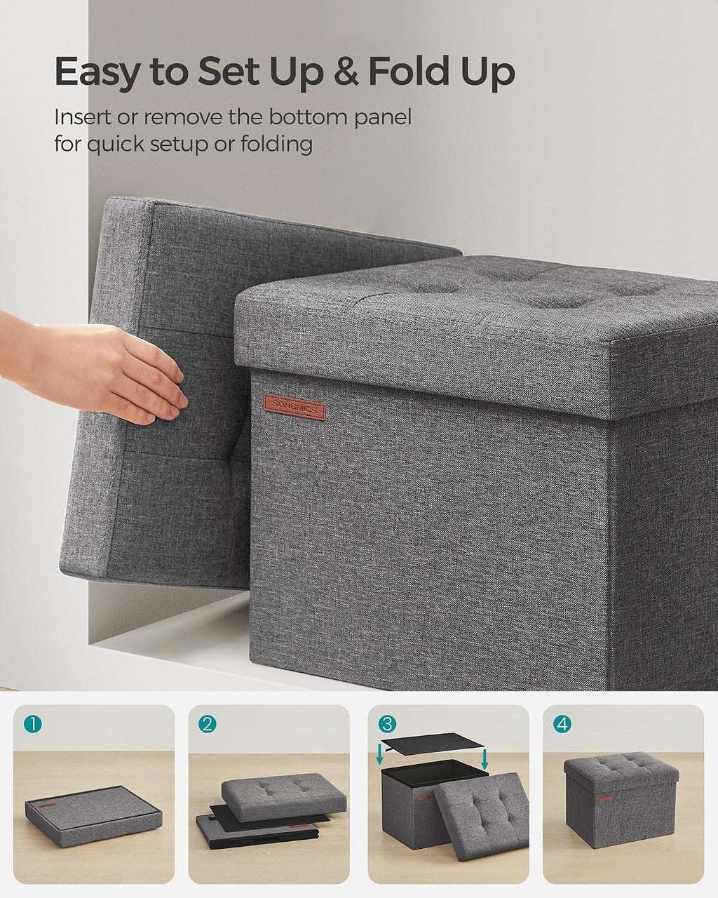 SONGMICS Small Folding Storage Ottoman, 15.7 x 12.2 x 12.2 Inches | Foot Rest Stool, 286 lb Load Capacity, Slate Gray and Ink Black, MINOTA Collection ULSF102G21