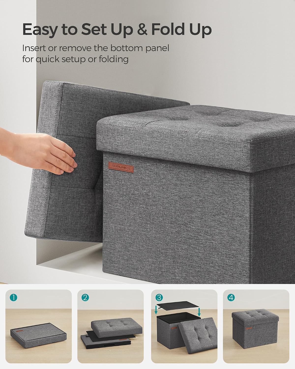 SONGMICS Small Folding Storage Ottoman, 15.7 x 12.2 x 12.2 Inches | Foot Rest Stool, 286 lb Load Capacity, Slate Gray and Ink Black, MINOTA Collection ULSF102G21