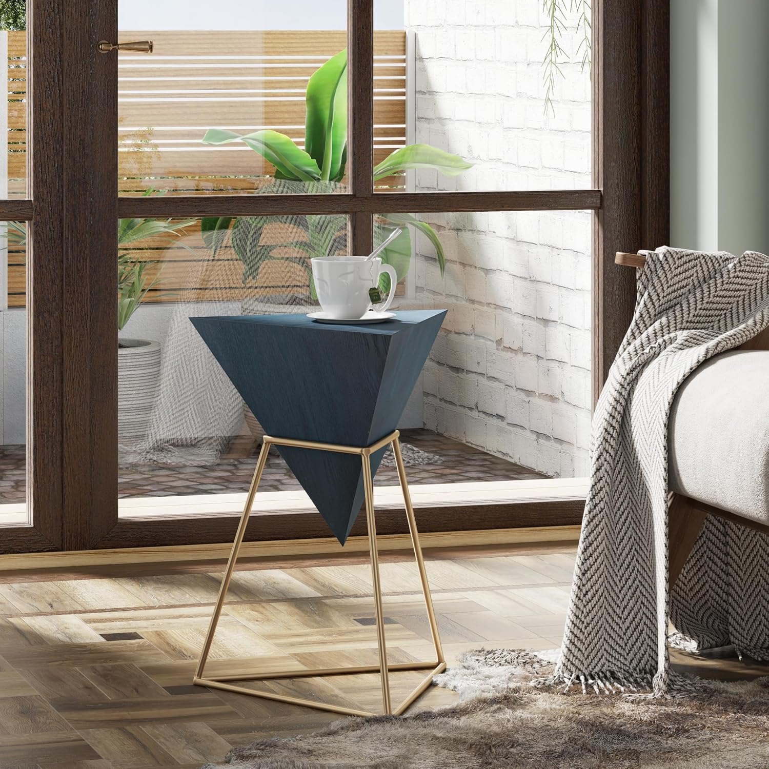 COZAYH Modern Geometric End Table with Wooden Top and Golden Metal Base, Unique Pyramid Side Table Plant Stand for Office, Living Room, Bedroom, Fully Assembled, Triangle, Blue