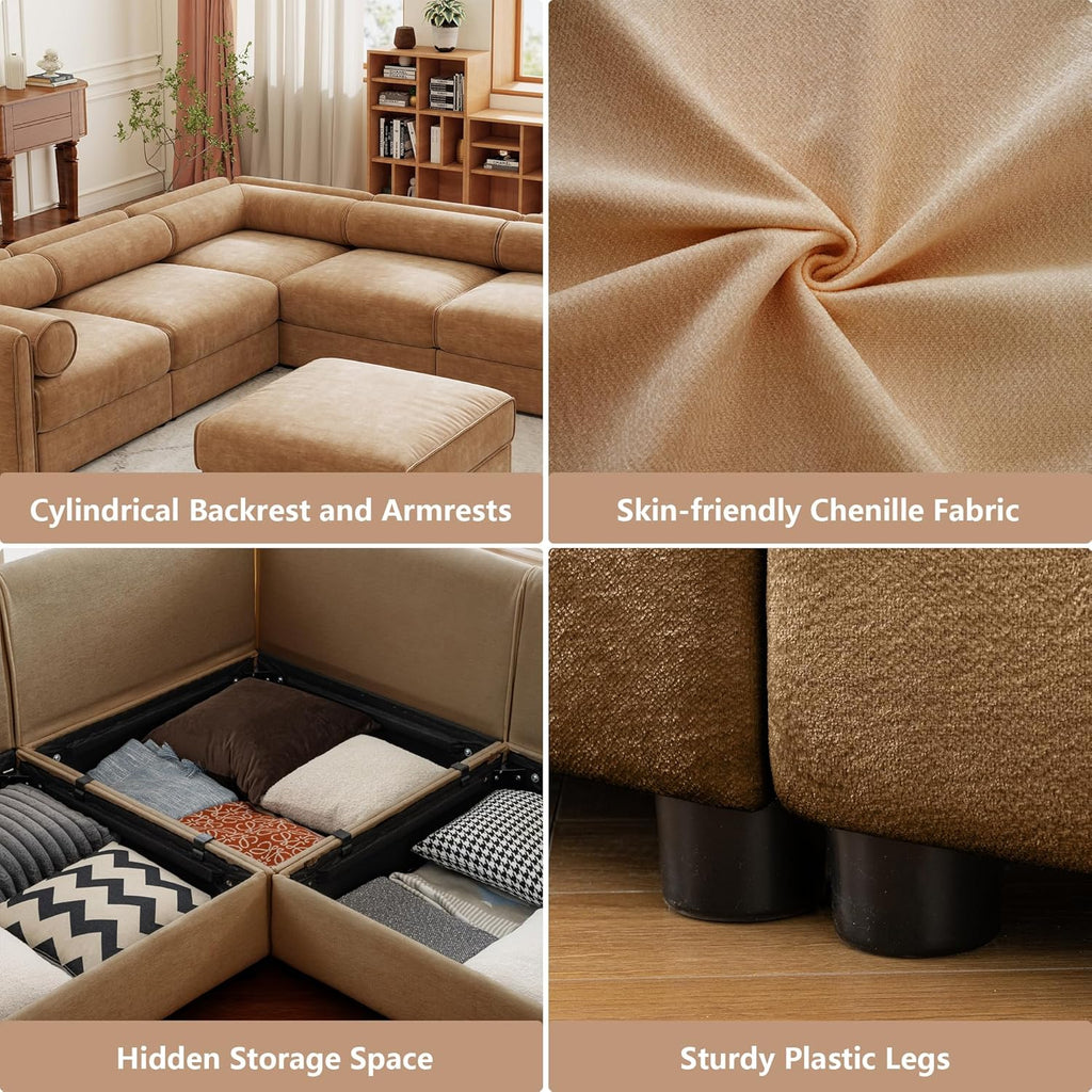 Oversized Modular Sectional Sofa with Storage Seat, 75.5" Chenille Lovseat Sofa with Cylindrical Backrest & Armrest, Modern Comfy 2-Seat Sofa Upholstered Deep Seat Couch for Living Room, Camel