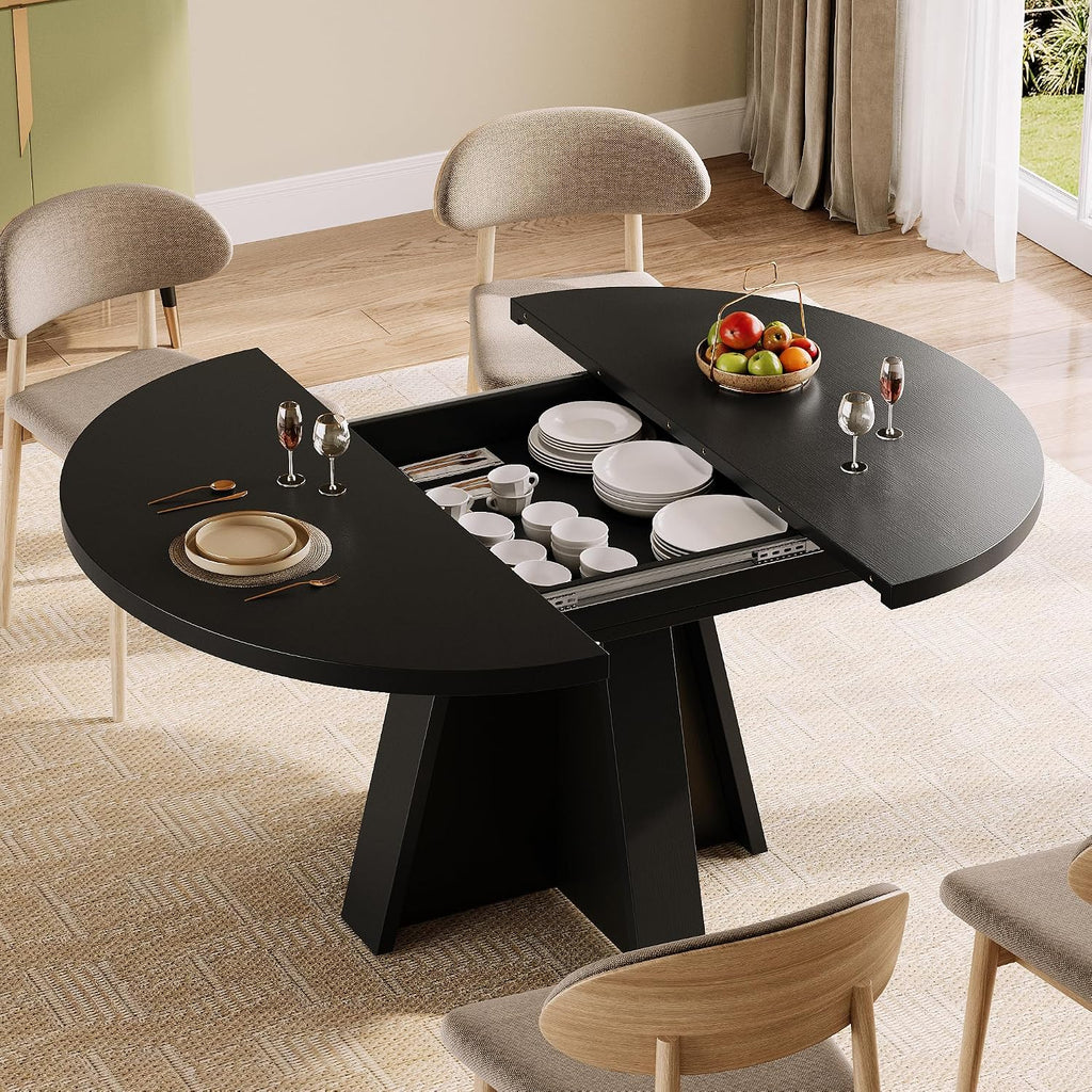 iPormis 43.3in-59in Extendable Round Dining Table for 4-6, Modern Wooden Kitchen Table for Dining Room, Adjustable Size Oval Circle Dinner Tables Furniture for Kitchen Living Room, Black