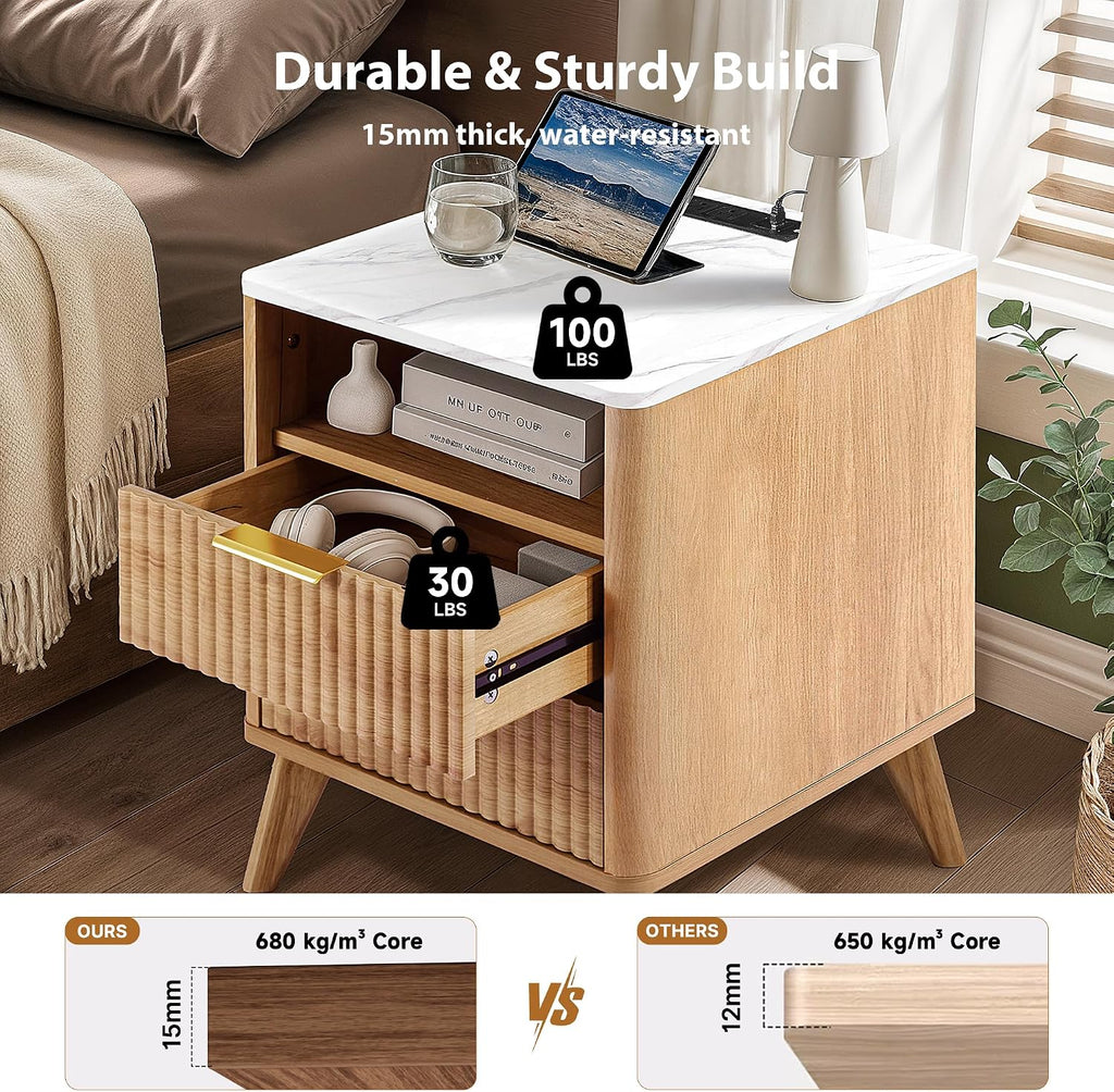 Fluted NightStand Set of 2, 18'' Wide 2 Drawers Side Table with Charging Station & LED Light, Large Modern Night Stand with Faux Marble Top, Wood Bedside Table for Bedroom, Living Room