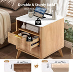 Fluted NightStand Set of 2, 18'' Wide 2 Drawers Side Table with Charging Station & LED Light, Large Modern Night Stand with Faux Marble Top, Wood Bedside Table for Bedroom, Living Room
