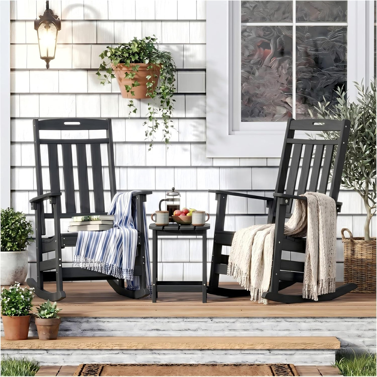 Outdoor Oversized Rocking Chairs Set of 2 with Side Table, HDPE All-Weather Resistant, Front Porch Rockers, Black