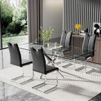 Modern 63 Inch Glass Dining Table Set for 4, 5 PCS Kitchen Table Set, Clear Tempered Glass Dinner Table with Silver Chrome Legs & Black Upholstered PU Faux Leather Dining Chairs for Home, Dining Room