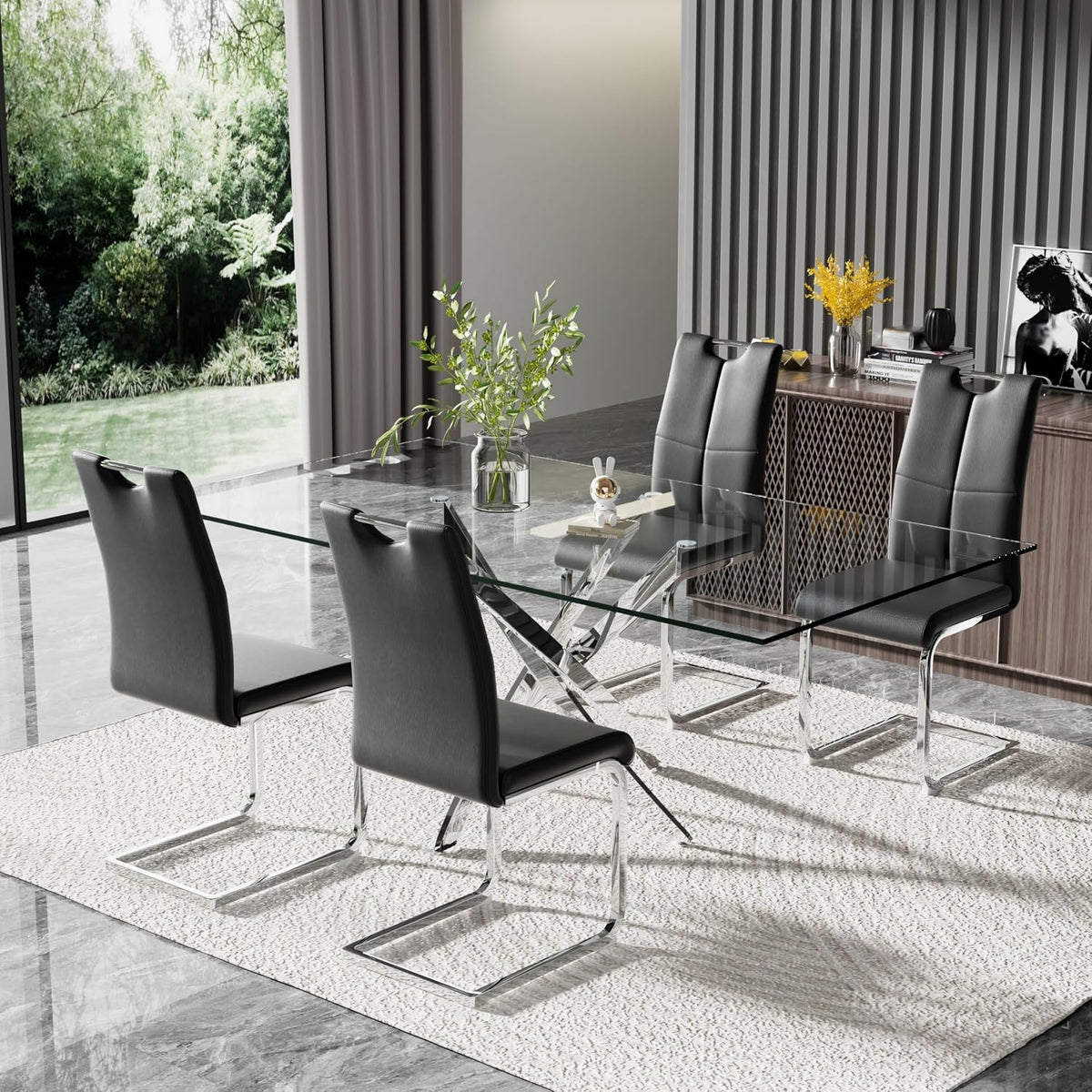 Modern 63 Inch Glass Dining Table Set for 4, 5 PCS Kitchen Table Set, Clear Tempered Glass Dinner Table with Silver Chrome Legs & Black Upholstered PU Faux Leather Dining Chairs for Home, Dining Room