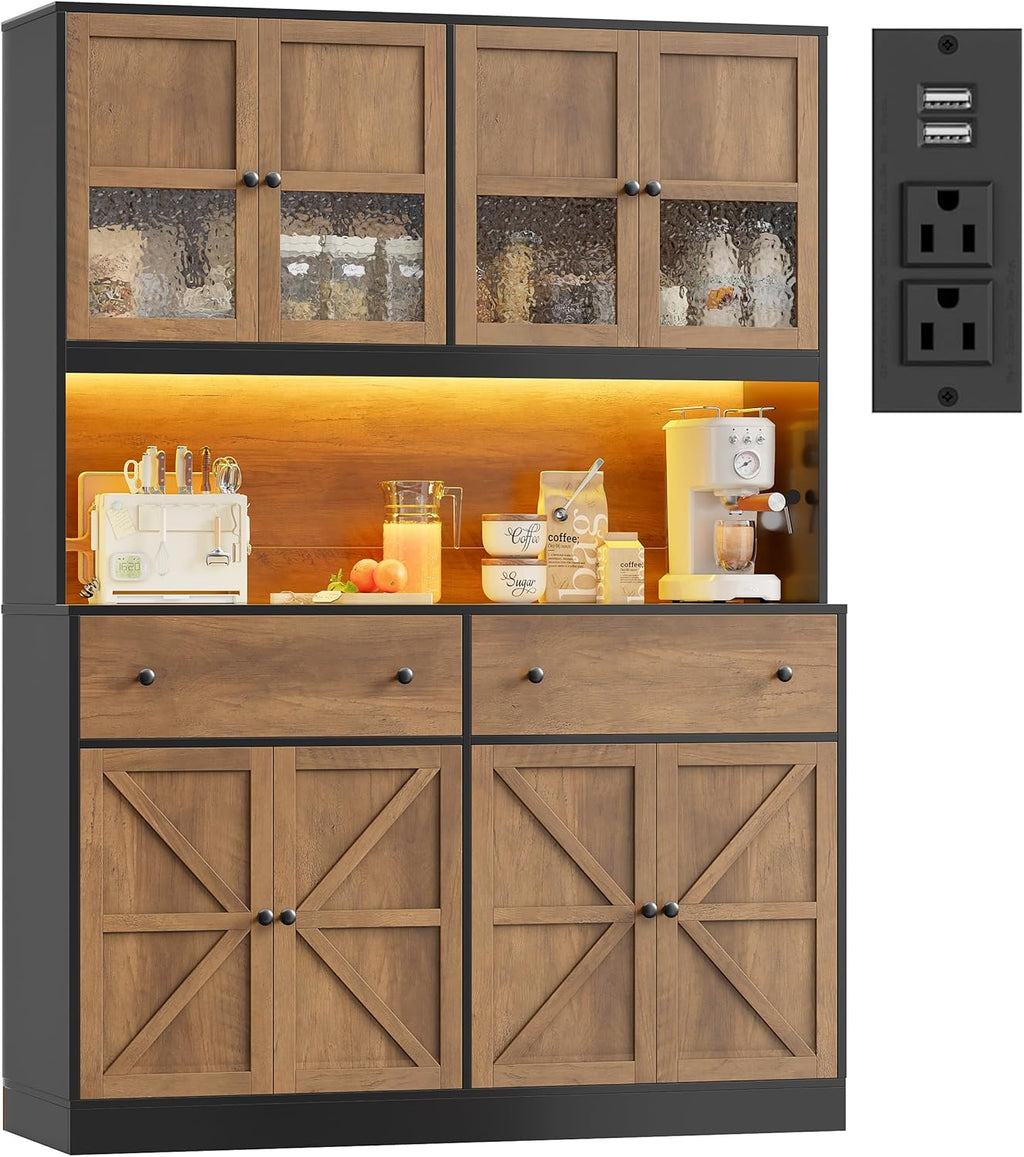FINETONES 71" Pantry Cabinet with LED Light and Charging Station | Farmhouse Kitchen Pantry Cabinet with Microwave Stand, 47.2" Wide Kitchen Hutch Food Pantry with Open Countertop, Black/Brown
