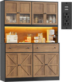 FINETONES 71" Pantry Cabinet with LED Light and Charging Station | Farmhouse Kitchen Pantry Cabinet with Microwave Stand, 47.2" Wide Kitchen Hutch Food Pantry with Open Countertop, Black/Brown