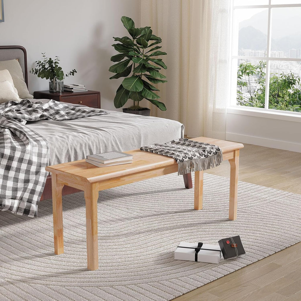 100% Solid Oak Wood Dining Bench Entryway Bench Midcentury End of Bed Bench, Outdoor Bench,Rustic Home Décor Furniture Natural Wooden Slab Bench for Bedroom Household Dining Table (Natural)
