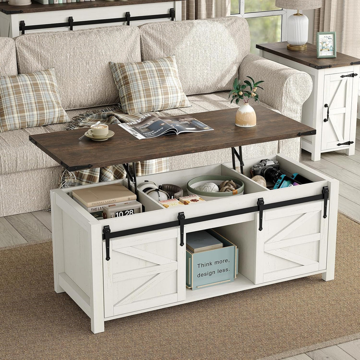 Furnihold Farmhouse CoffeeTable Set of 3, Living Room 3 Pieces Coffee Table Set, End Table Set of 2 with Charging Station and Lift Top Coffee Table with Storage for Home Office, Brown Top