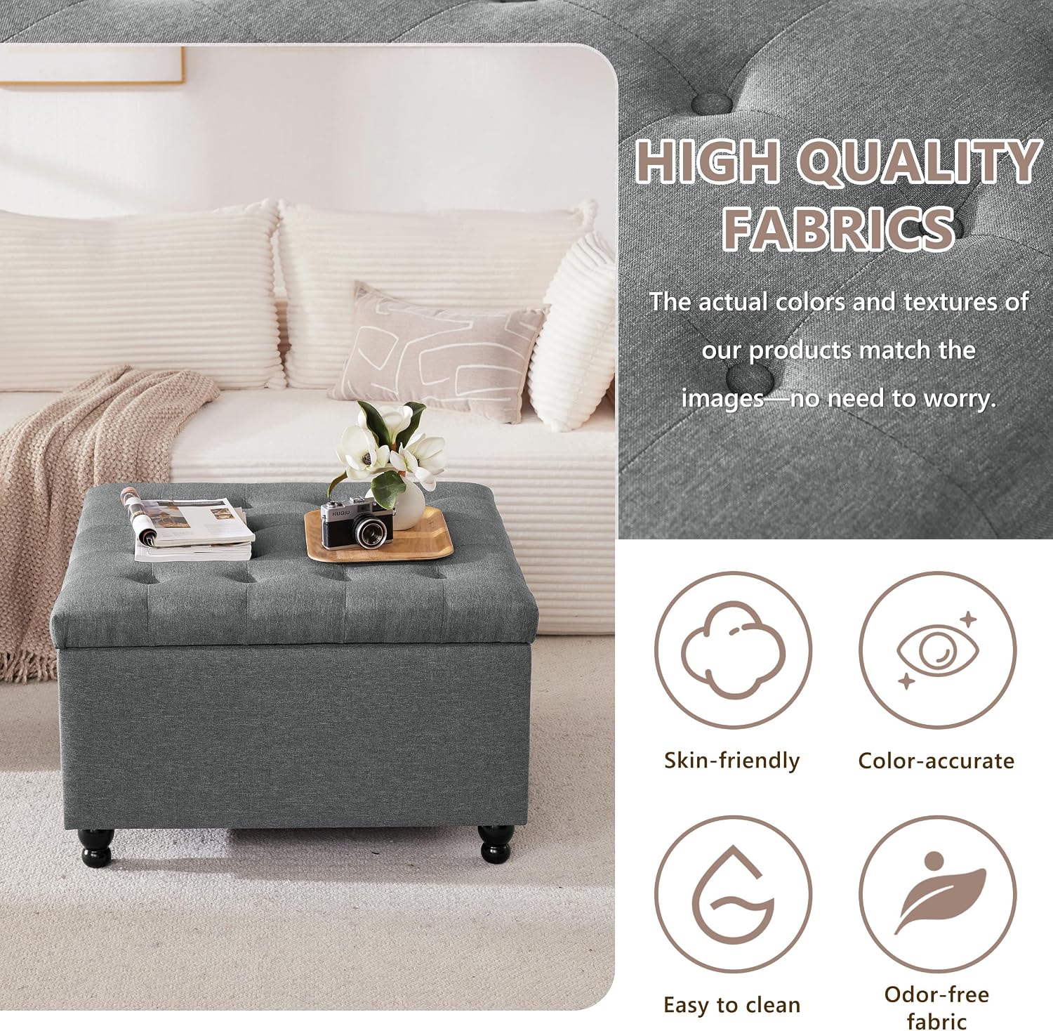 28" Large Square Ottoman with Storage, Fabric Ottoman Coffee Table, Grey | Living Room Coffee Table, Footrest or Extra Seat, Bedroom and Entryway Use, Solid Wood Frame, Safety Hinges, 300 lb Capacity
