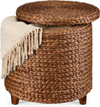 Best Choice Products 17" Round Storage Ottoman W/Lid, Handwoven Water Hyacinth Footstool, Footrest w/Wooden Legs, Accent Side Table, Storage Container, Plant Stand - Chestnut