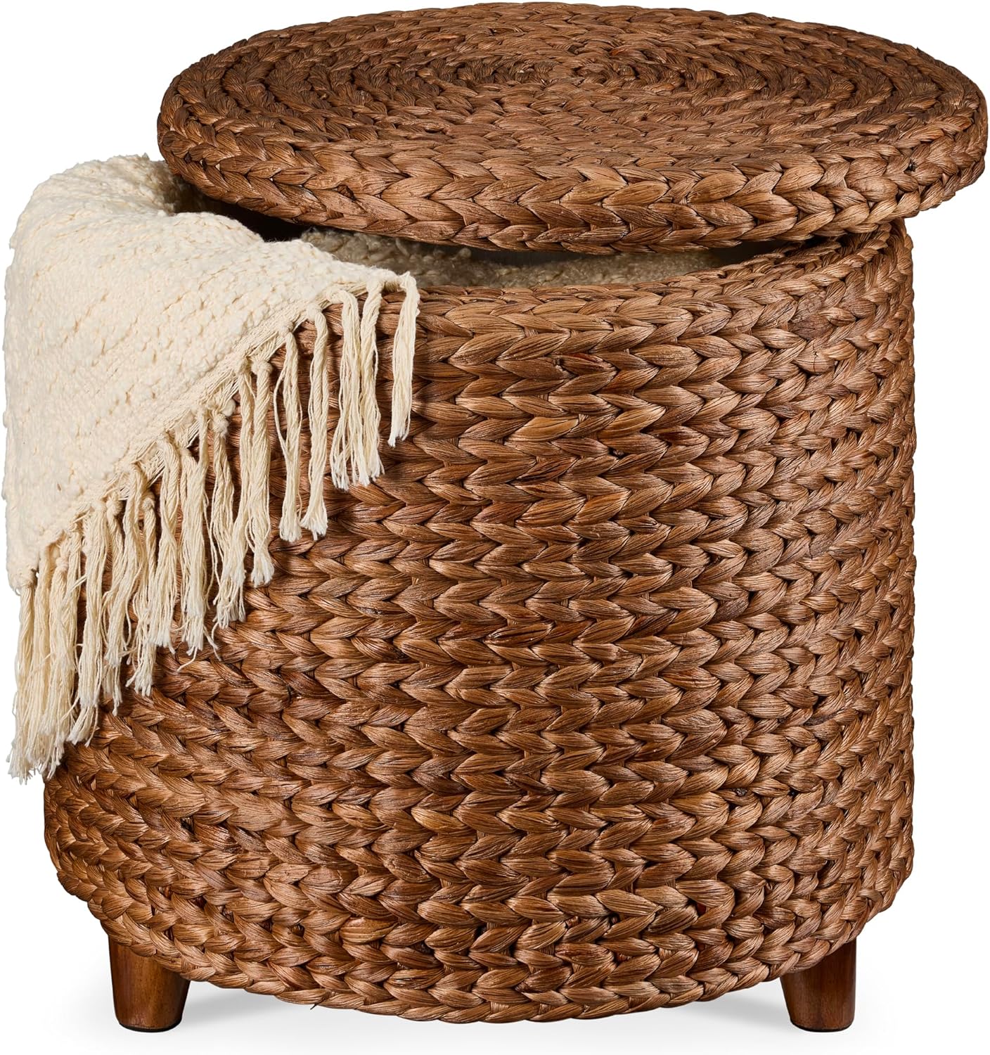 Best Choice Products 17" Round Storage Ottoman W/Lid, Handwoven Water Hyacinth Footstool, Footrest w/Wooden Legs, Accent Side Table, Storage Container, Plant Stand - Chestnut