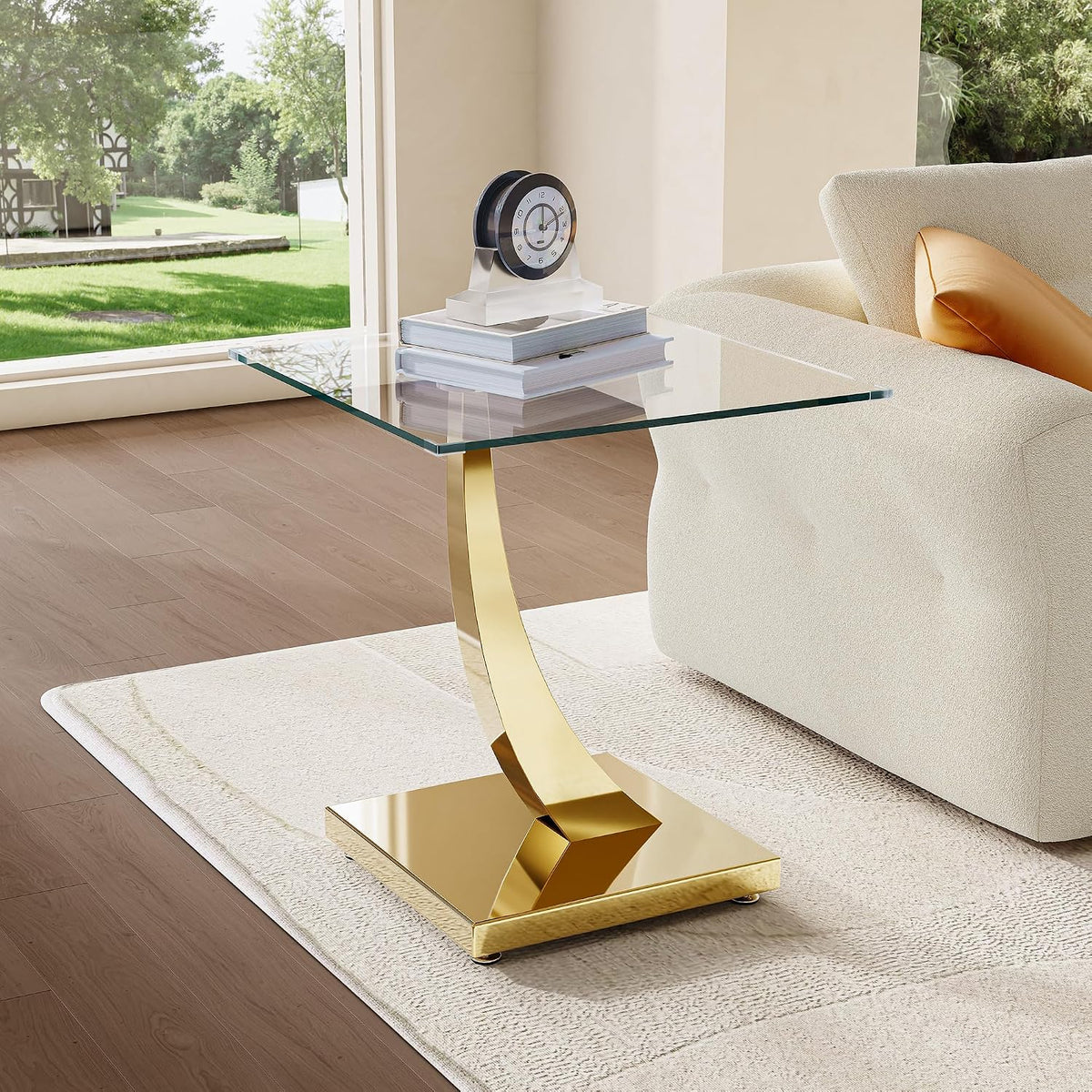 23" Glass End Table, Modern Square Side Table with Tempered Glass Top and Gold Horn-Shaped Stainless Steel Base for Apartment, Office