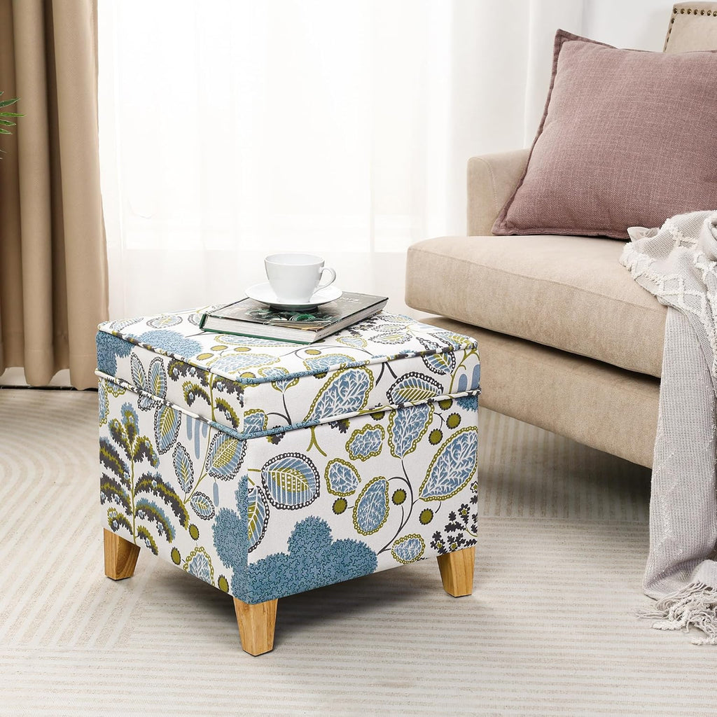 Adeco 18 Inch Linen Storage Ottoman Cube, Upholstered Footstool for Living Room & Bedroom, Vanity Stool with Safety Hinge Lid & Solid Wood Legs, 2-Min Assembly, Blue Leaves