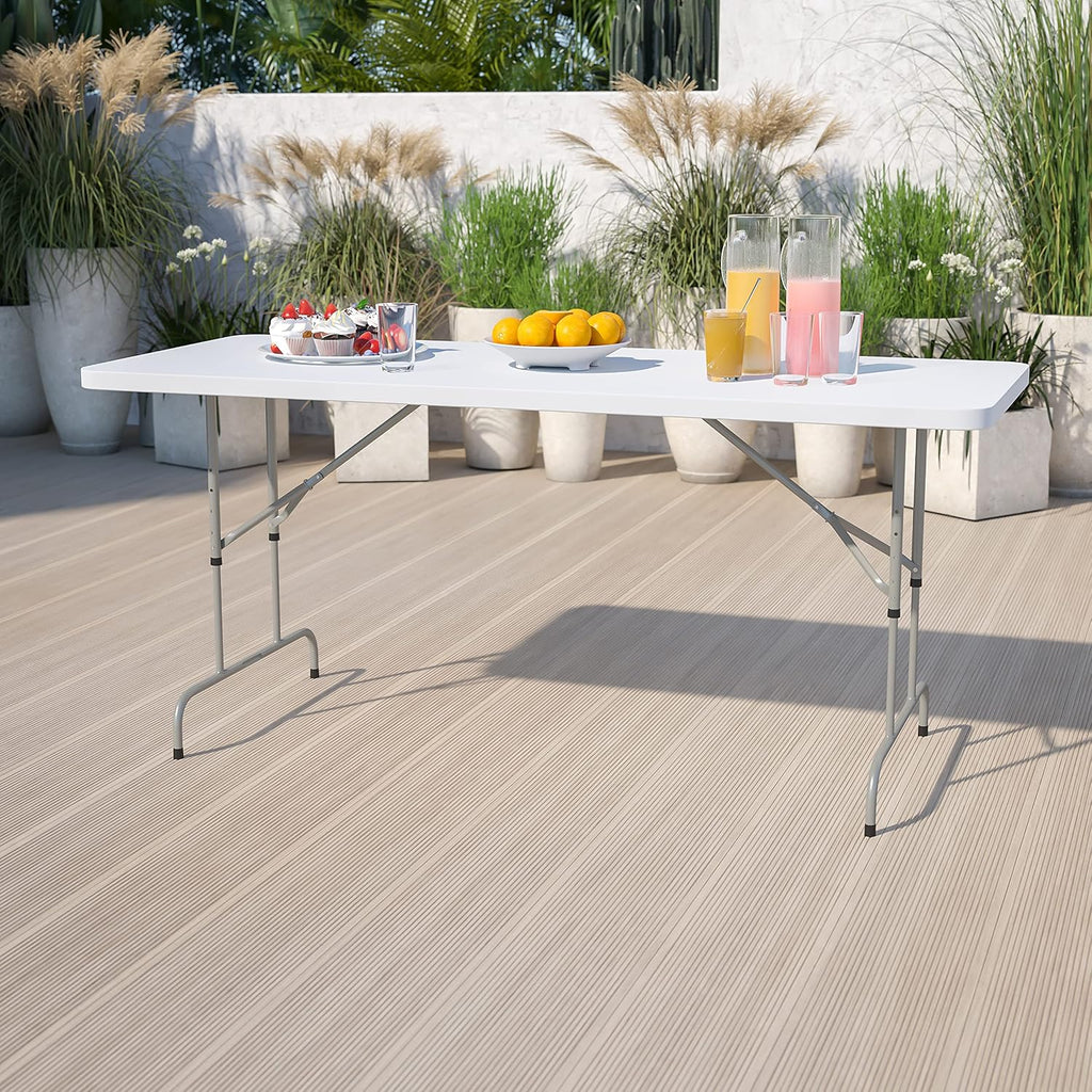 Flash Furniture 6-Foot Adjustable Plastic Folding Table, White | Bi-Fold, Carrying Handle, Commercial Grade, Easy Storage