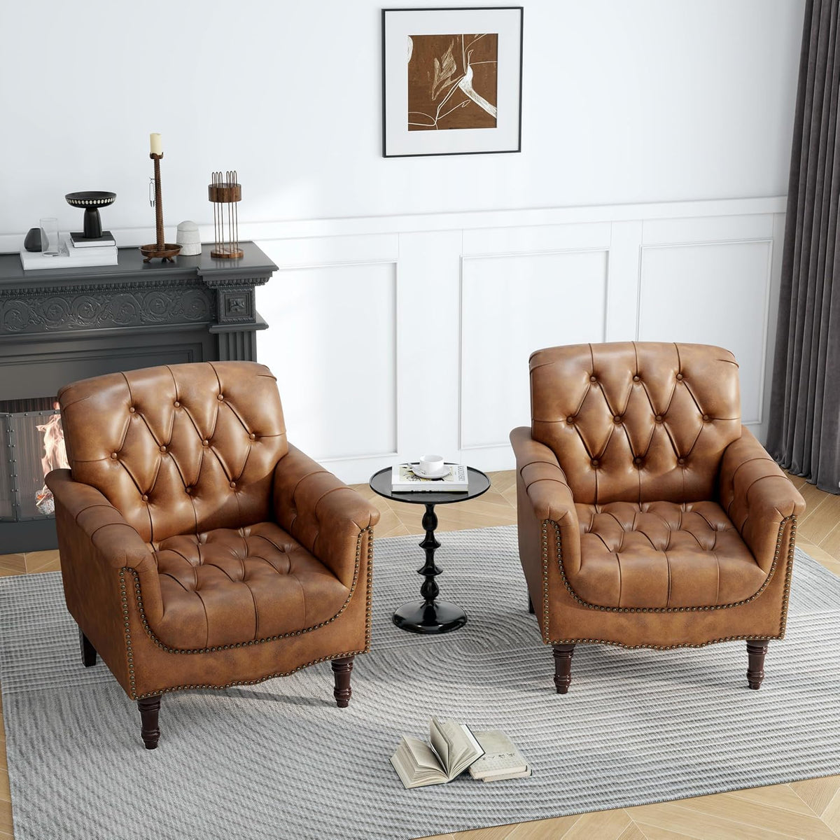 PU Leather Accent Chairs Set of 2, Comfy Club Chair Upholstered Armchair for Living Room, Button Tufted Arm Chair Retro Single Sofa Side Reading Seat for Bedroom (Brown)