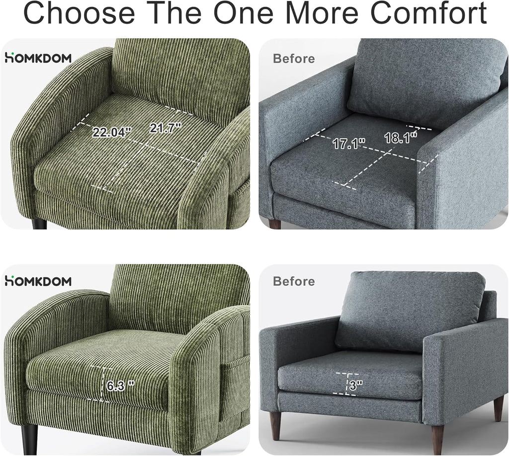 Homkdom Accent Chair with Side Pockets & Ergonomic Backrest,Green | Corduroy fabric, 6.3" thick cushion with pocket coil springs. Solid wood frame, 300 lbs capacity. Fits any small space.