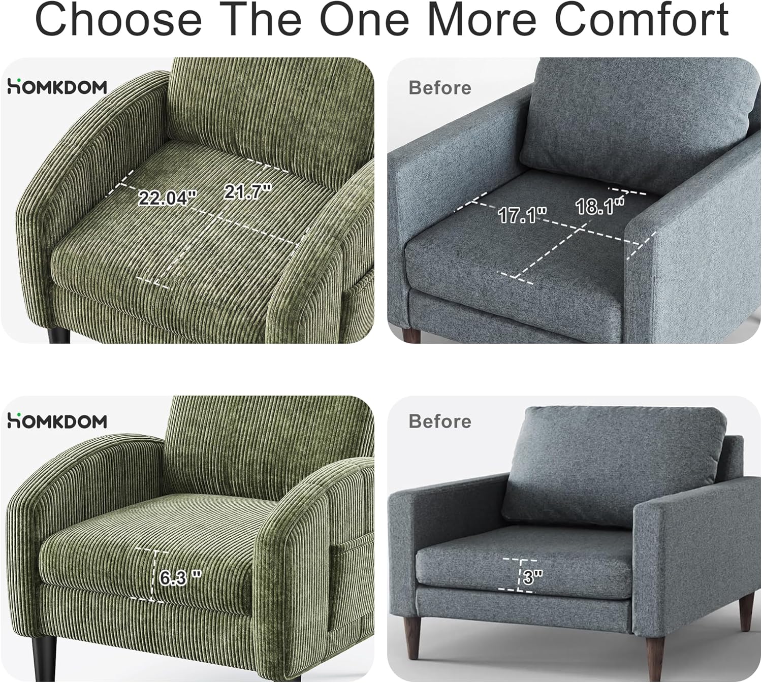 Homkdom Accent Chair with Side Pockets & Ergonomic Backrest,Green | Corduroy fabric, 6.3" thick cushion with pocket coil springs. Solid wood frame, 300 lbs capacity. Fits any small space.