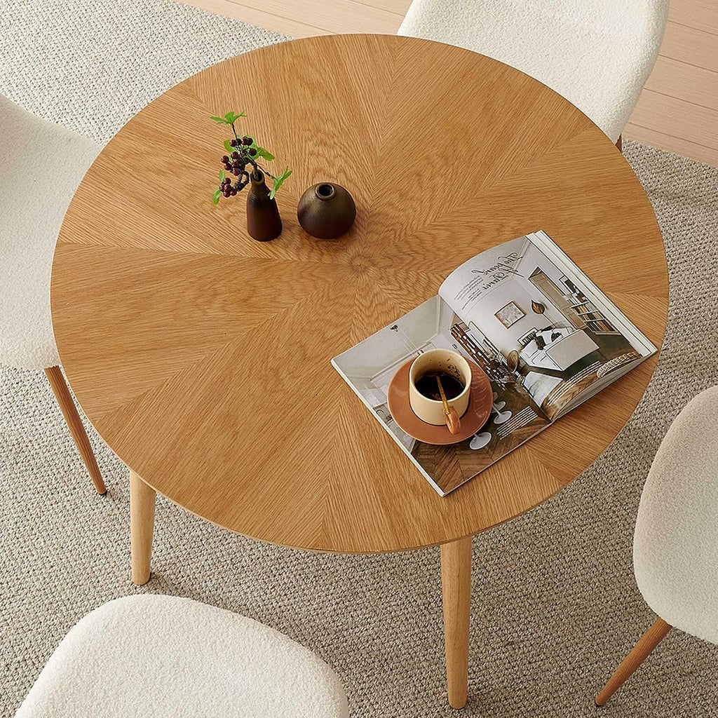Small Dining Table Set for 4, Modern Round Dining Table with 4 Teddy Fleece Dining Chairs in Metal Legs, Easy Assembly for Compact Spaces - White