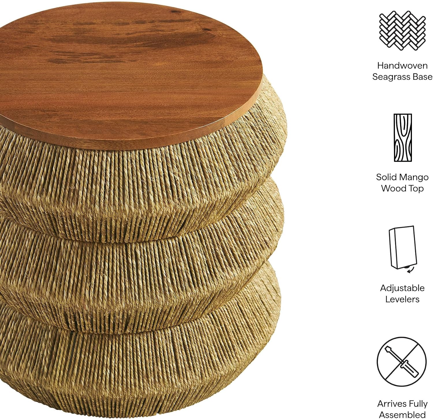 Modway Maris Hand-Woven Seagrass and Wood Round Side Table – 18 Inch Drum End Table for Boho, Coastal, or Modern Living Rooms in Walnut Natural