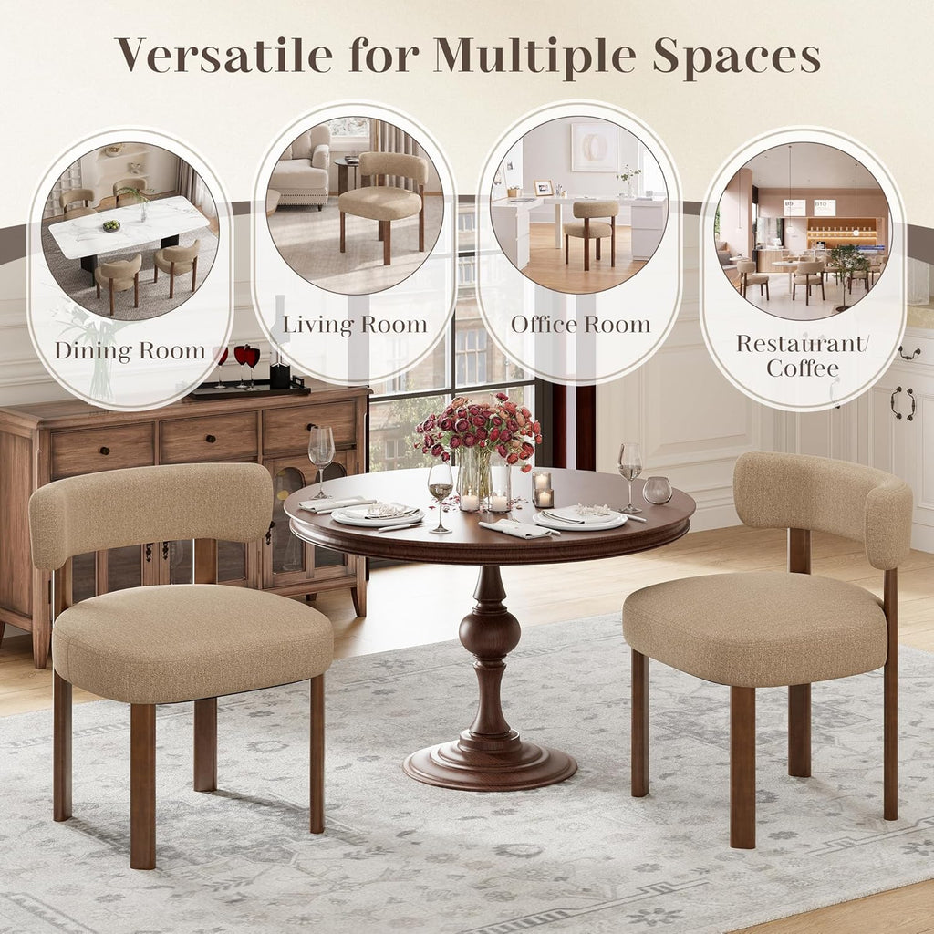 Wooden Dining Chairs Set of 6, Upholstered Kitchen Chairs with Solid Wood Legs, Mid Century Dining Room Chair with Ergonomic Curved Backrest for Kitchen Dining Vanity, Camel