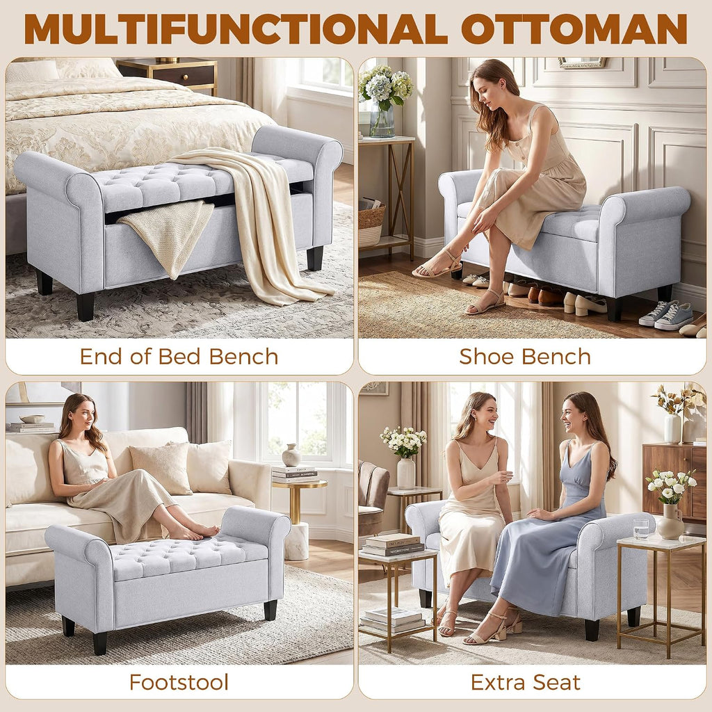 HOMCOM 47" Storage Ottoman Bench, Tufted Long Ottoman with Storage Chest, Rolled Arms, Safety Hinge, Wooden Legs, Upholstered End of Bed Bench, 528 lbs for Bedroom, Entryway, Living Room, Light Gray
