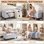 HOMCOM 47" Storage Ottoman Bench, Tufted Long Ottoman with Storage Chest, Rolled Arms, Safety Hinge, Wooden Legs, Upholstered End of Bed Bench, 528 lbs for Bedroom, Entryway, Living Room, Light Gray