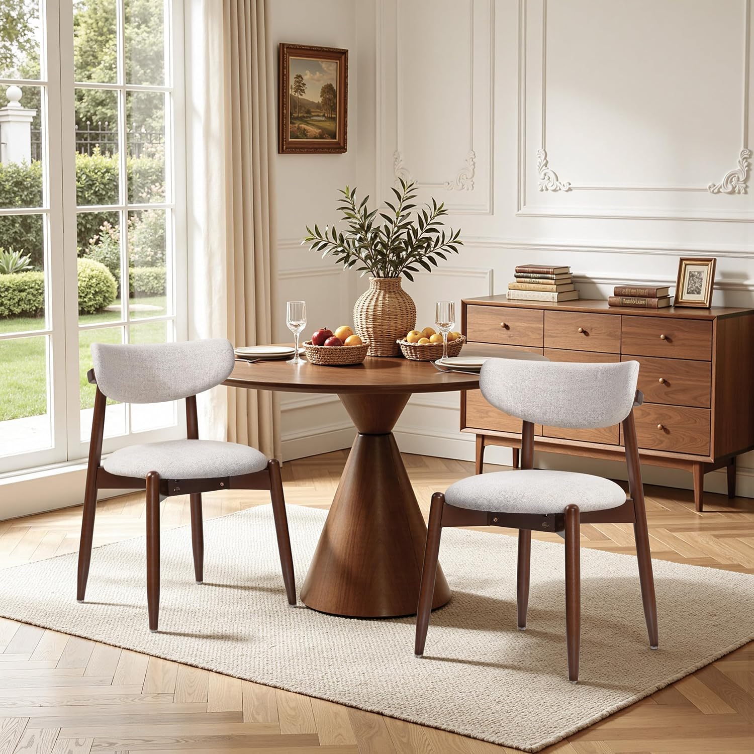 SUBRTEX Dining Chairs Set of 4,Upholstered Dining Room Chairs with Curved Backrest & Solid Wood Legs, Mid Century Modern Farmhouse Kitchen Chairs, Oatmeal & Walnut Legs